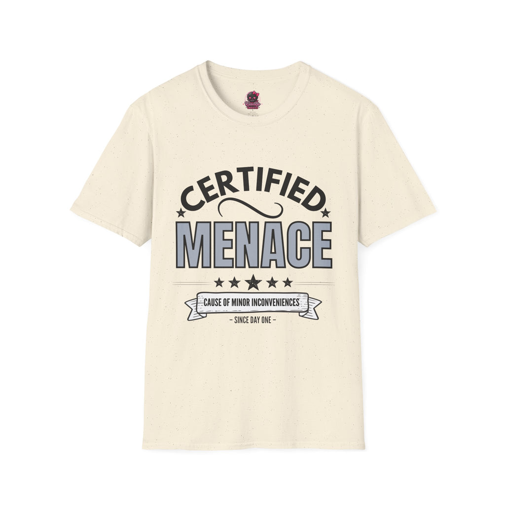 Certified Menace T-Shirt Black Writing — Funny Retro Badge Tee for Sarcastic Teens & Friends