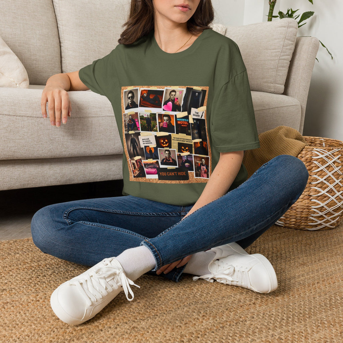 T-Shirt — Retro Polaroid Horror Collage Tee (vintage motel & masked slasher photos)