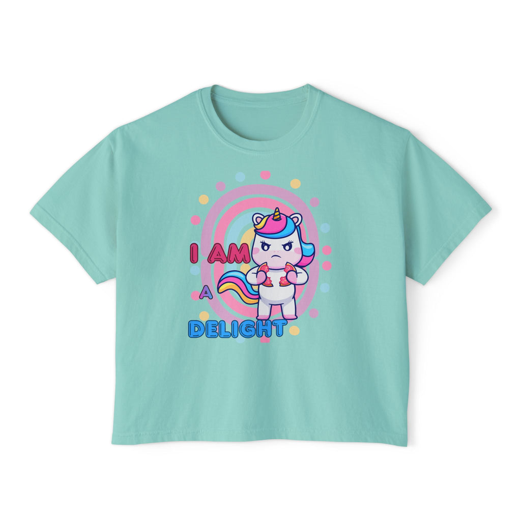 I Am Delight Unicorn Boxy Tee — Cute Rainbow Graphic Women’s Shirt
