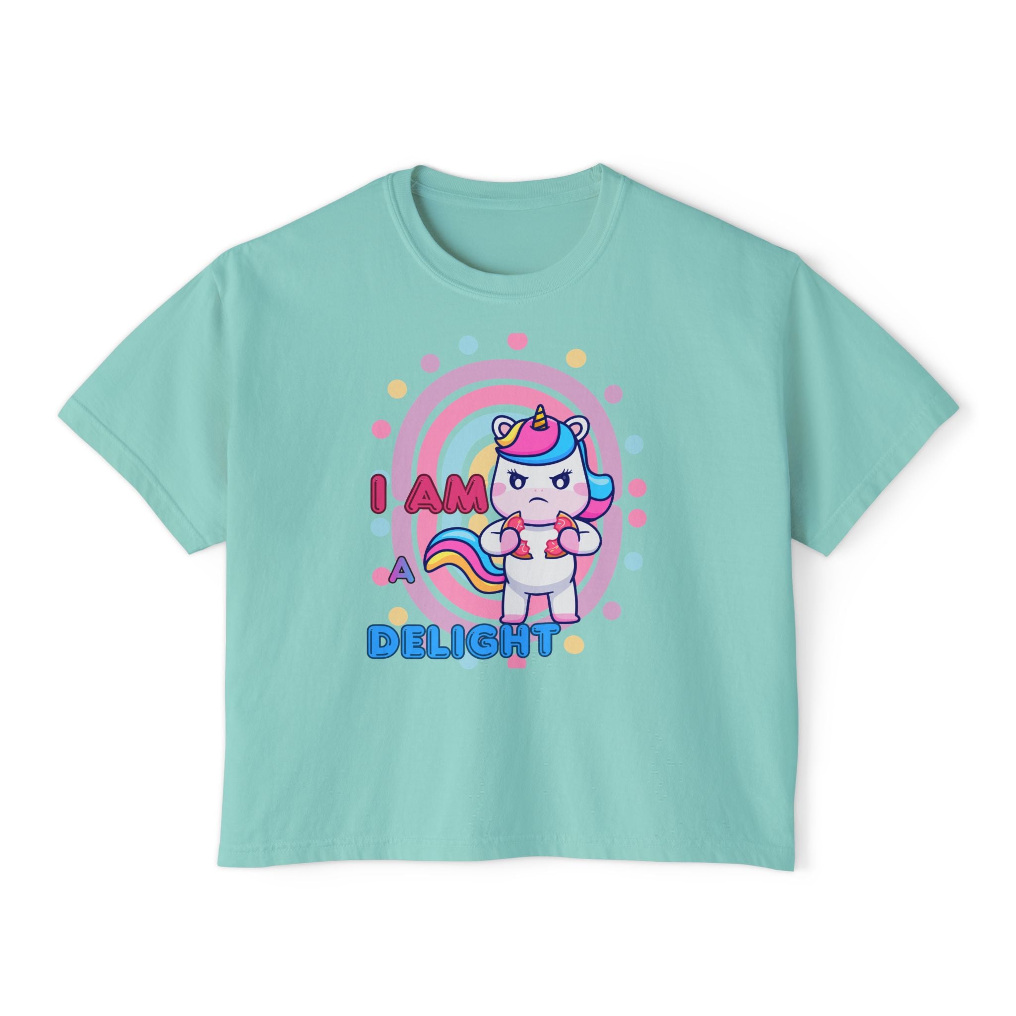 I Am Delight Unicorn Boxy Tee — Cute Rainbow Graphic Women’s Shirt