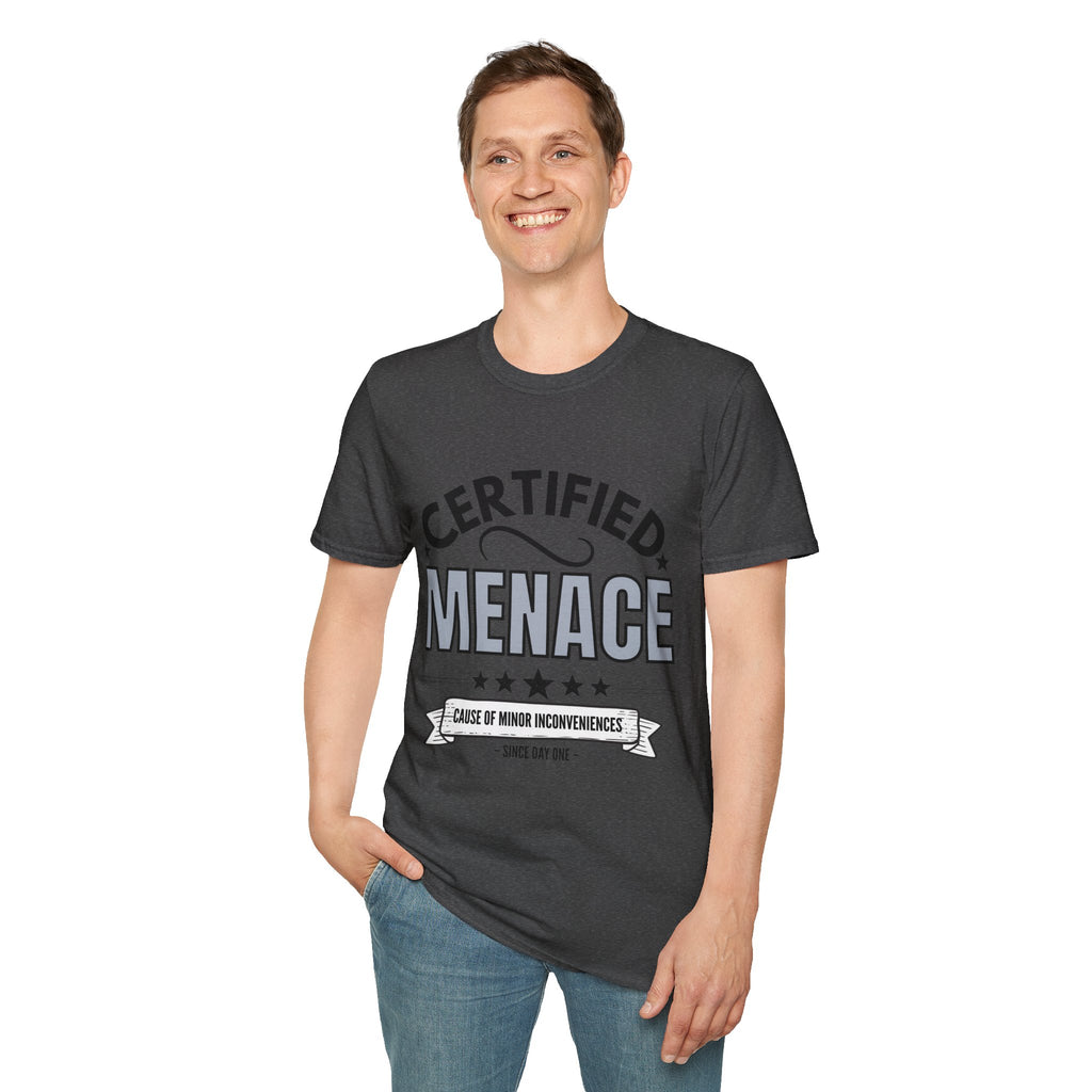 Certified Menace T-Shirt Black Writing — Funny Retro Badge Tee for Sarcastic Teens & Friends