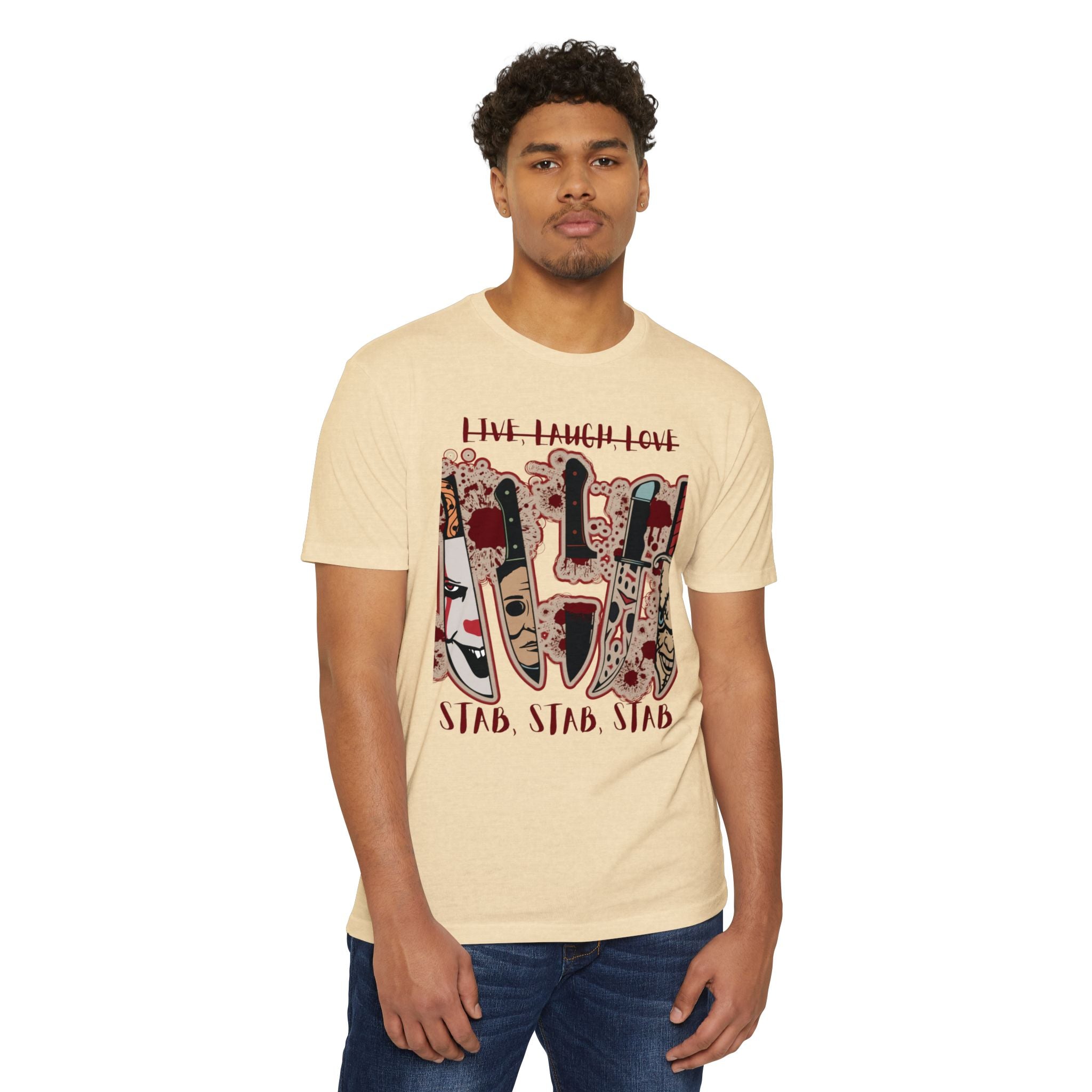 T‑Shirt — 'Live, Laugh, Love' Crossed Out with 'Stab, Stab, Stab' Graphic