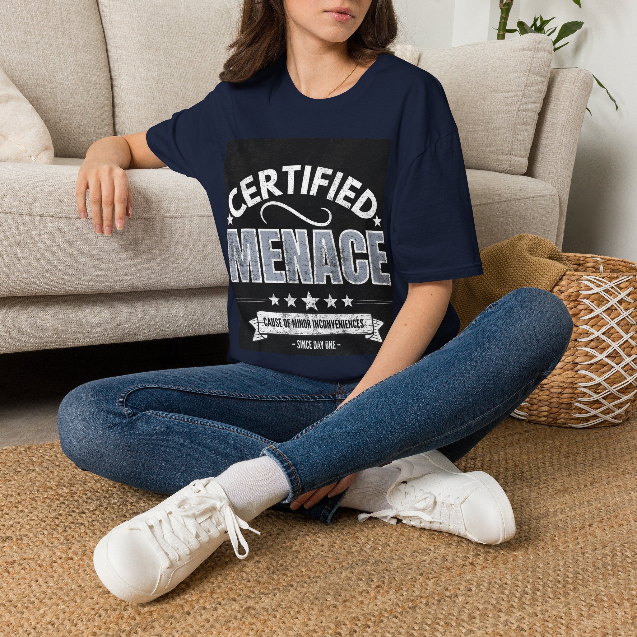 Certified Menace T-Shirt White Writing Black Background – Funny Retro Badge Graphic Tee