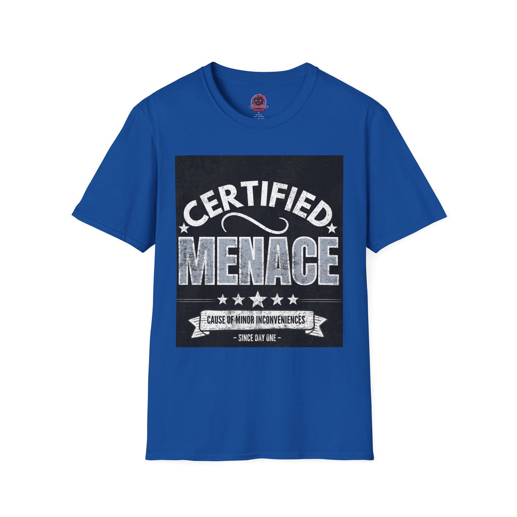 Certified Menace T-Shirt White Writing Black Background – Funny Retro Badge Graphic Tee