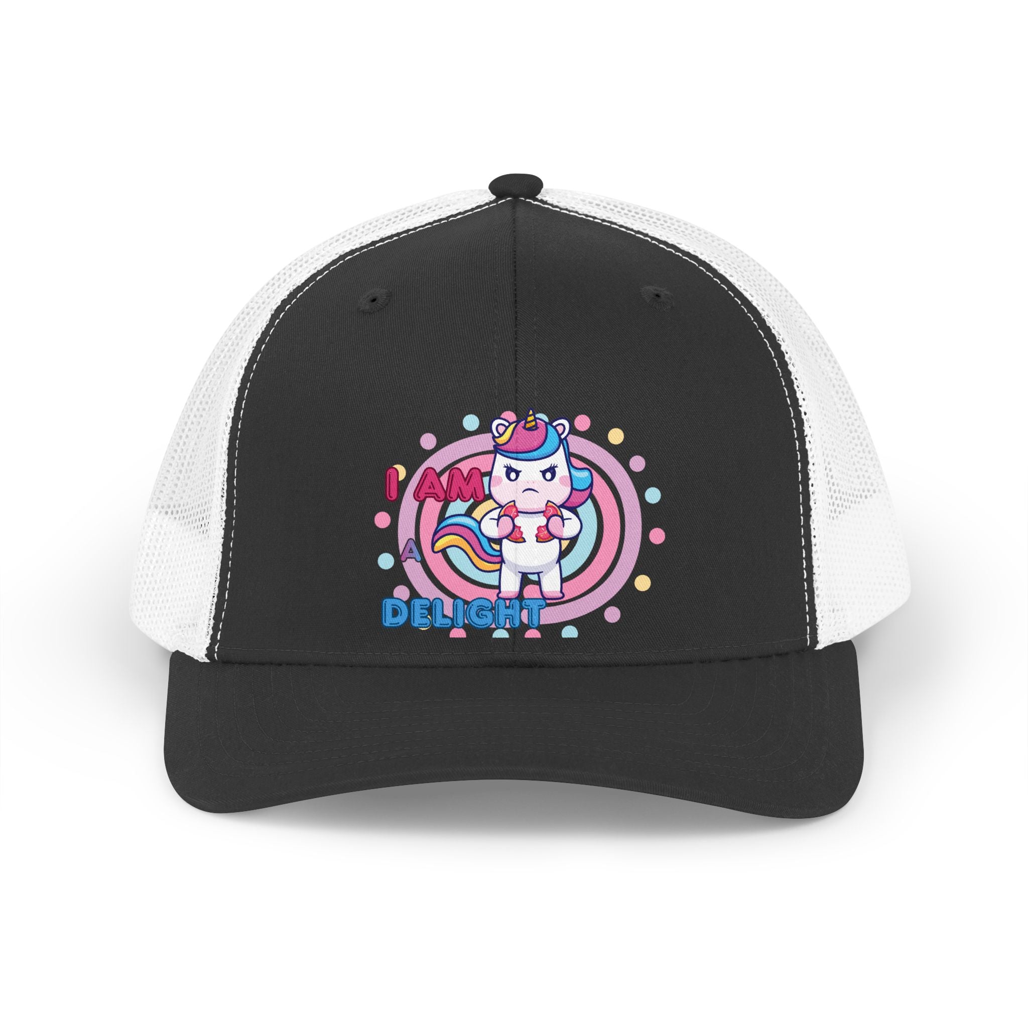 Retro Unicorn Trucker Hat — "I Am Delight" Cute Pastel Rainbow Cap