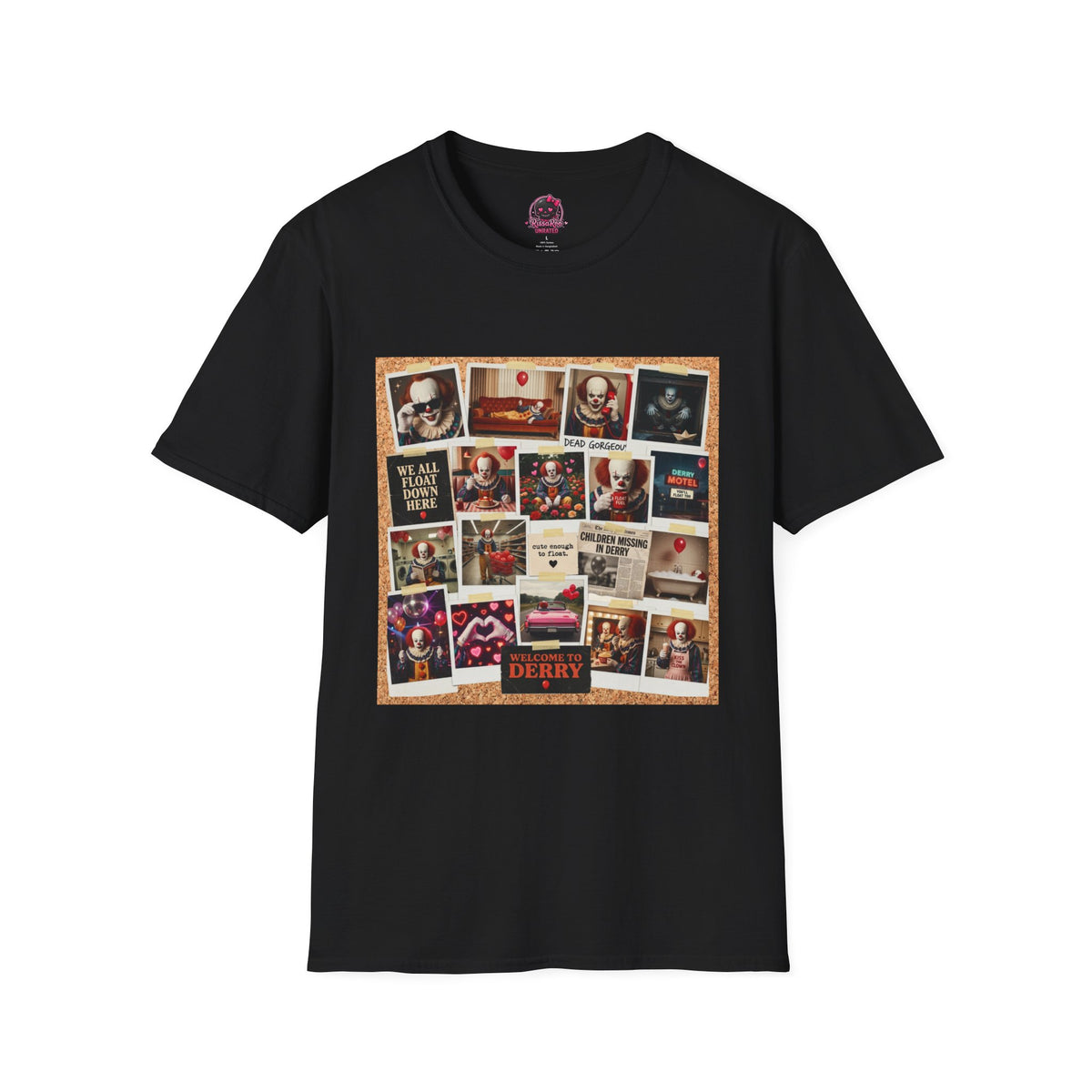Horror Movie Clown Collage T‑Shirt — 'We All Float Down Here' Vintage Poster Tee