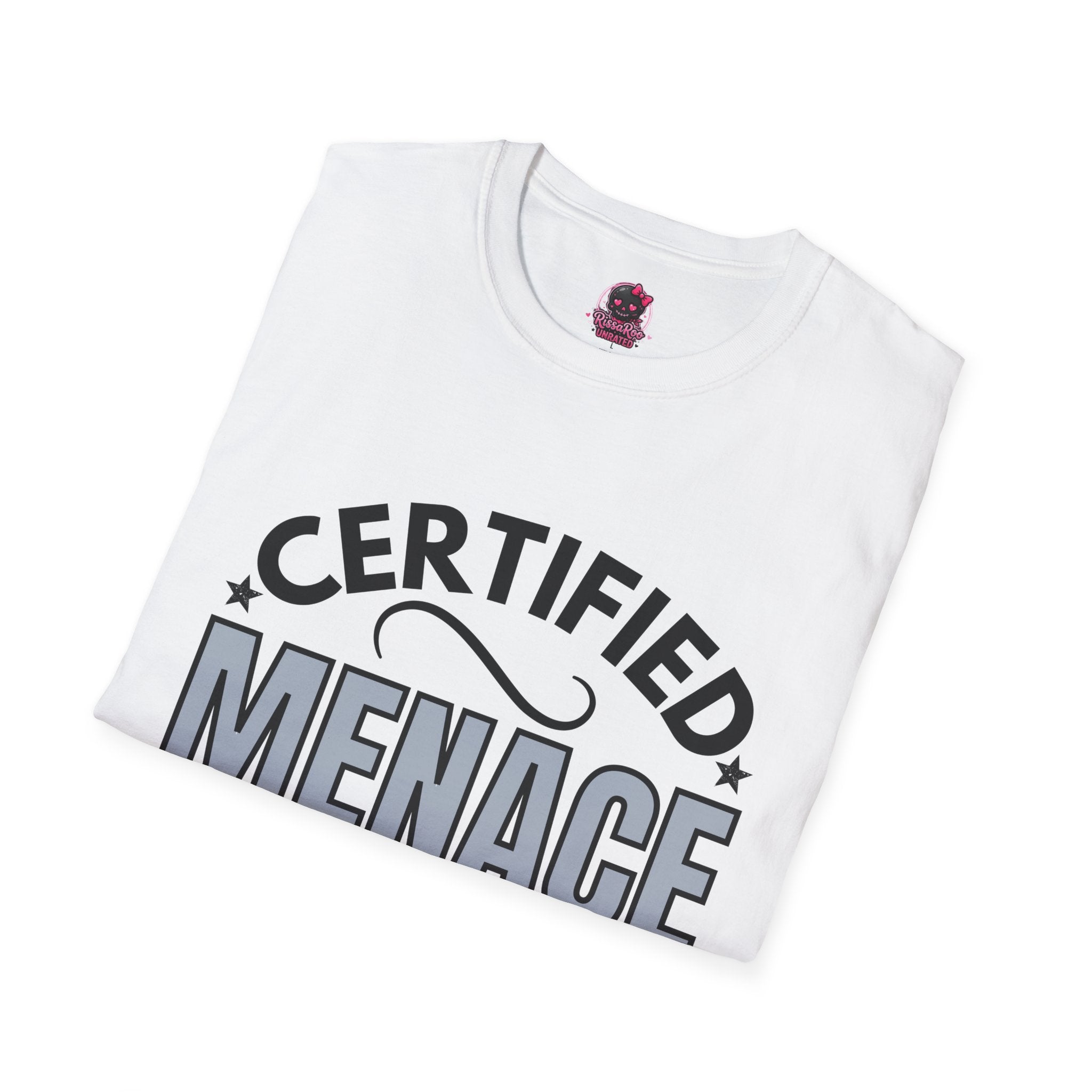 Certified Menace T-Shirt Black Writing — Funny Retro Badge Tee for Sarcastic Teens & Friends