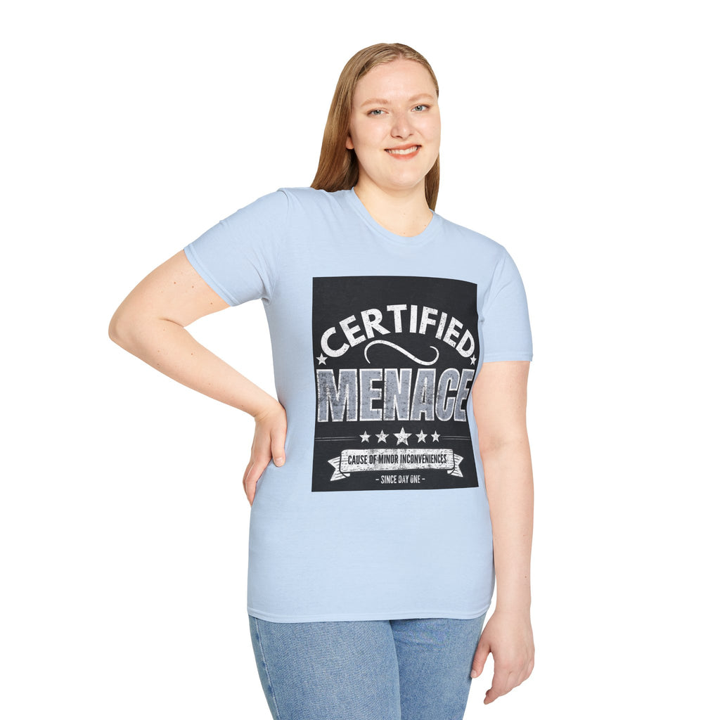 Certified Menace T-Shirt White Writing Black Background – Funny Retro Badge Graphic Tee