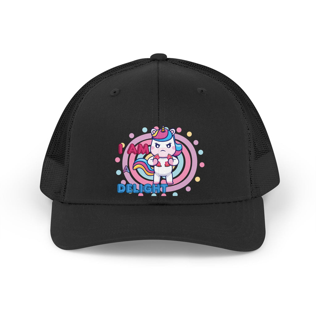 Retro Unicorn Trucker Hat — "I Am Delight" Cute Pastel Rainbow Cap