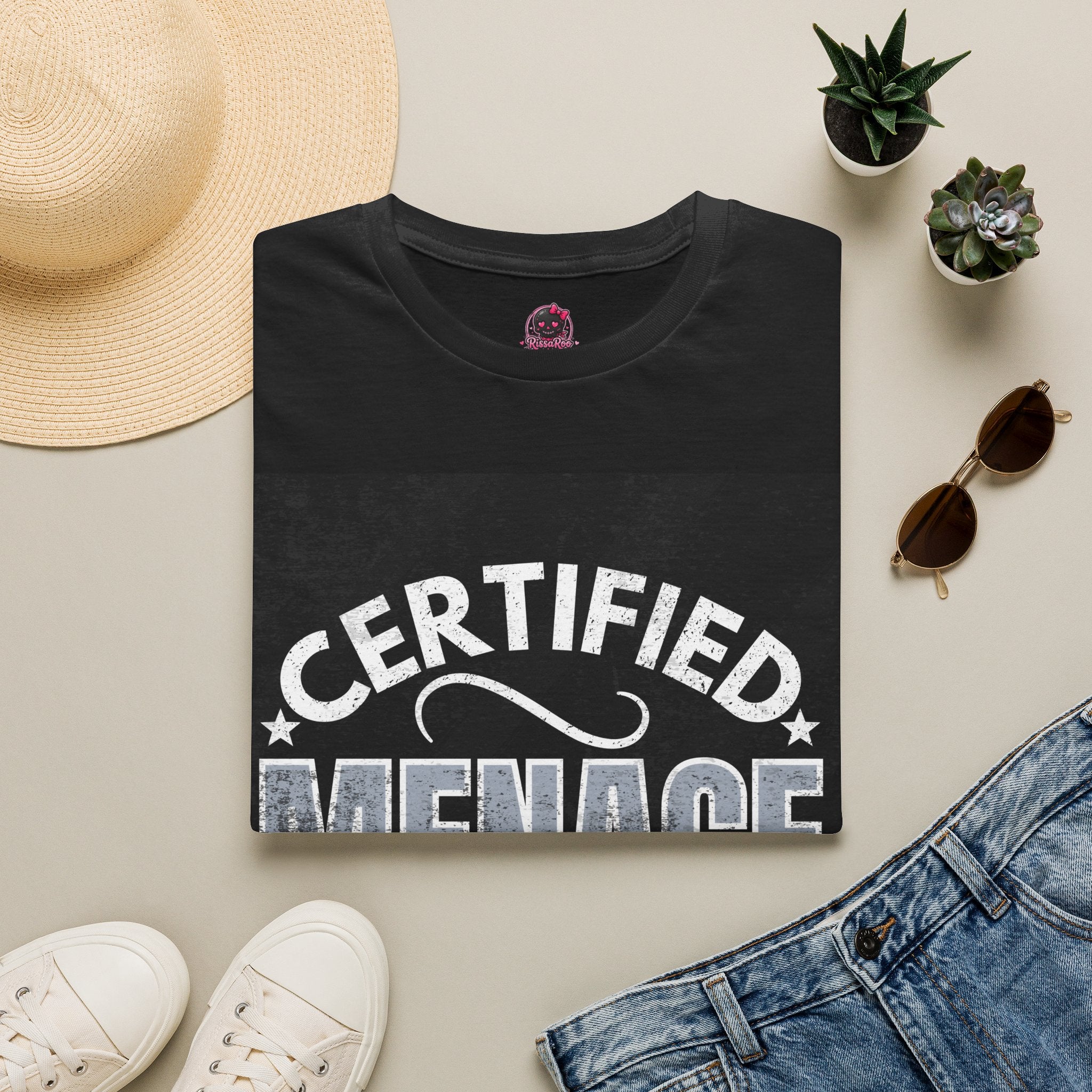 Certified Menace T-Shirt White Writing Black Background – Funny Retro Badge Graphic Tee