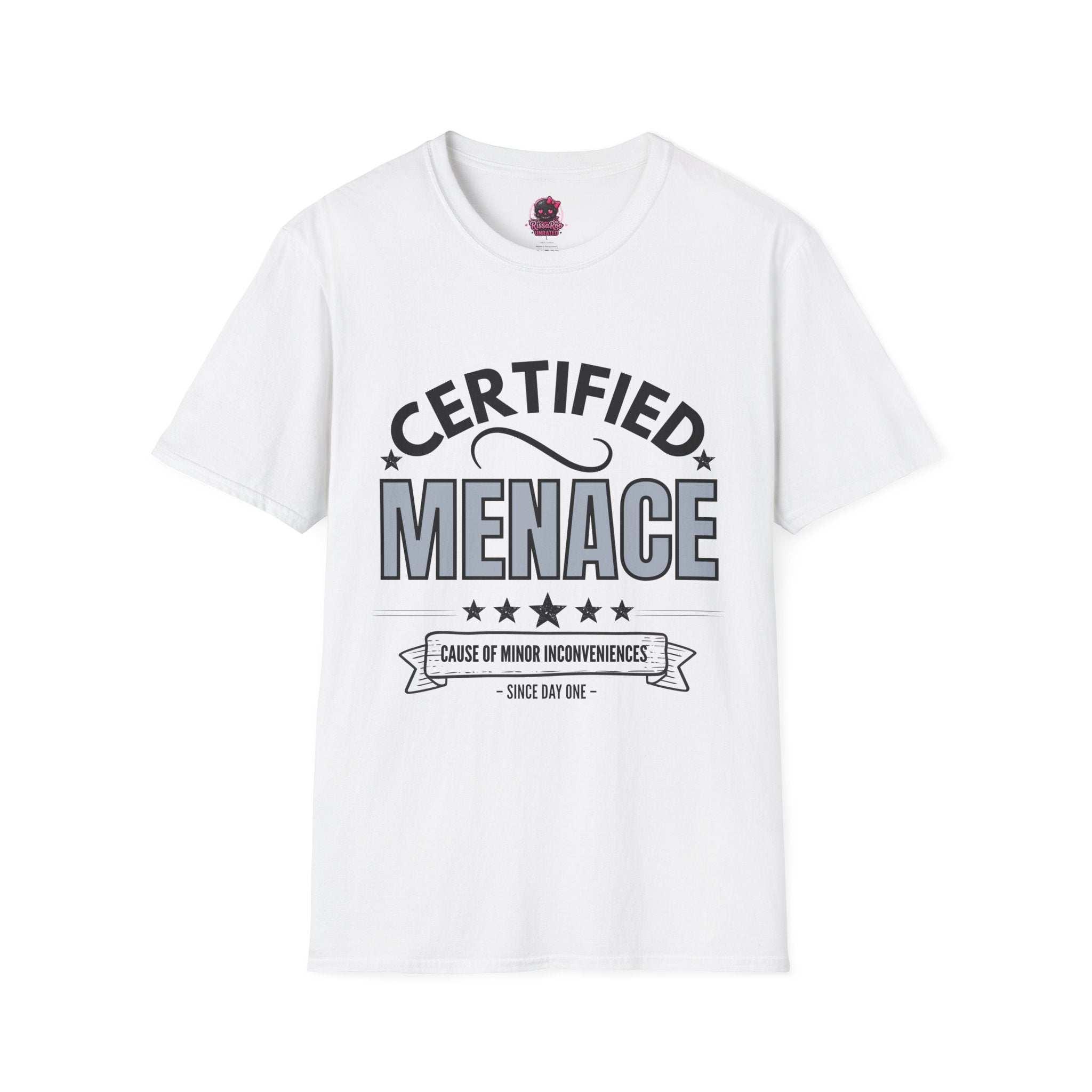 Certified Menace T-Shirt Black Writing — Funny Retro Badge Tee for Sarcastic Teens & Friends