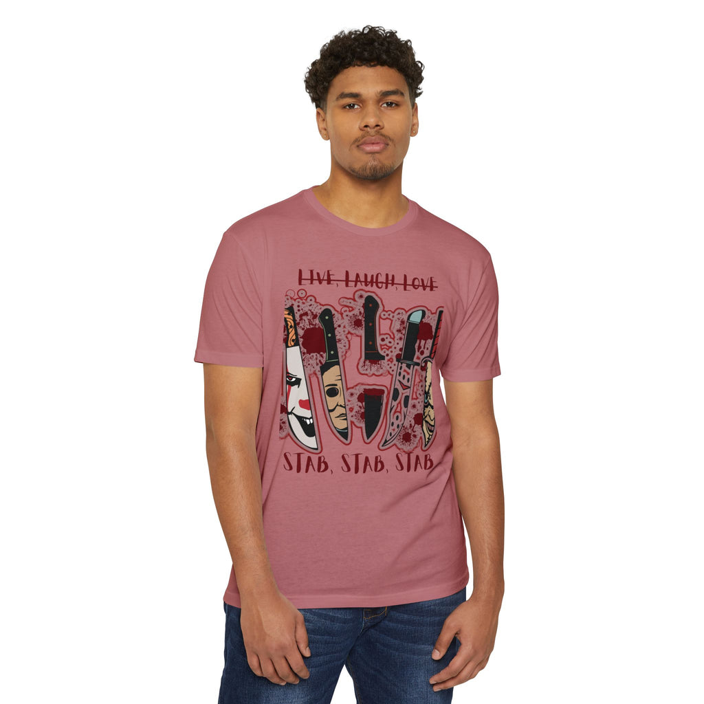 T‑Shirt — 'Live, Laugh, Love' Crossed Out with 'Stab, Stab, Stab' Graphic