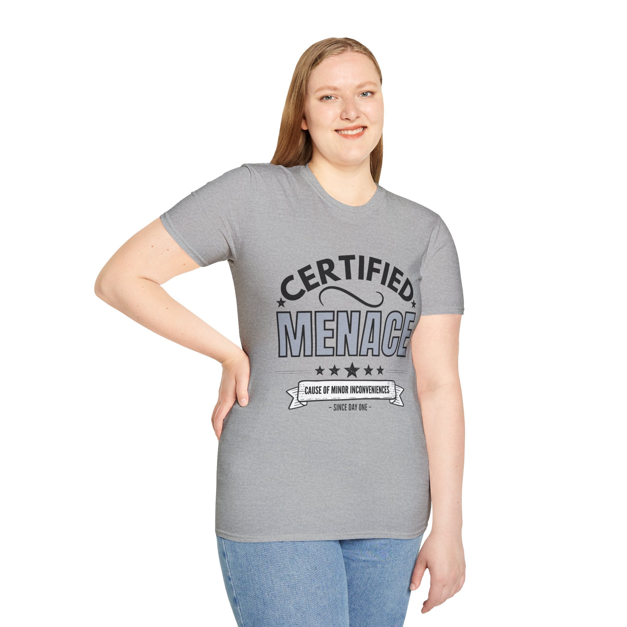 Certified Menace T-Shirt Black Writing — Funny Retro Badge Tee for Sarcastic Teens & Friends