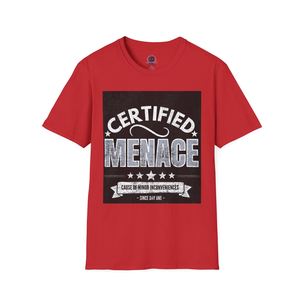 Certified Menace T-Shirt White Writing Black Background – Funny Retro Badge Graphic Tee