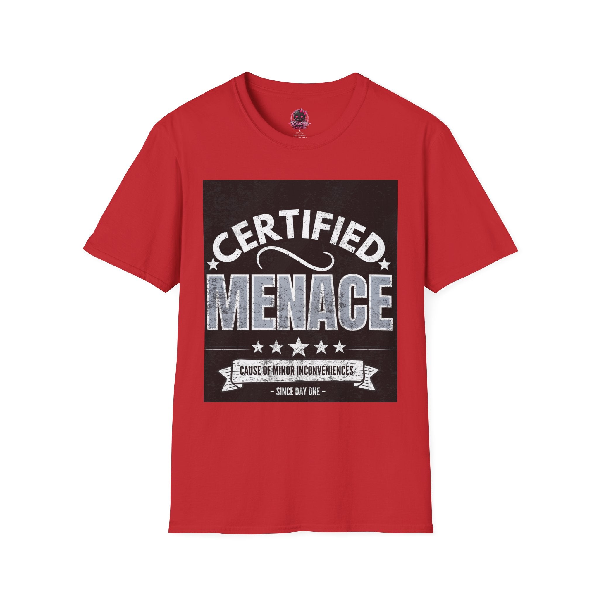 Certified Menace T-Shirt White Writing Black Background – Funny Retro Badge Graphic Tee
