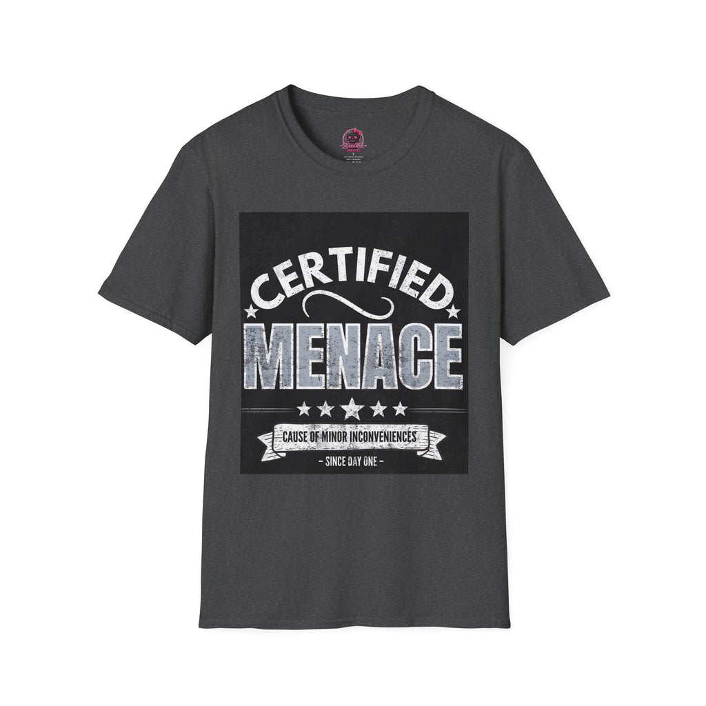 Certified Menace T-Shirt White Writing Black Background – Funny Retro Badge Graphic Tee