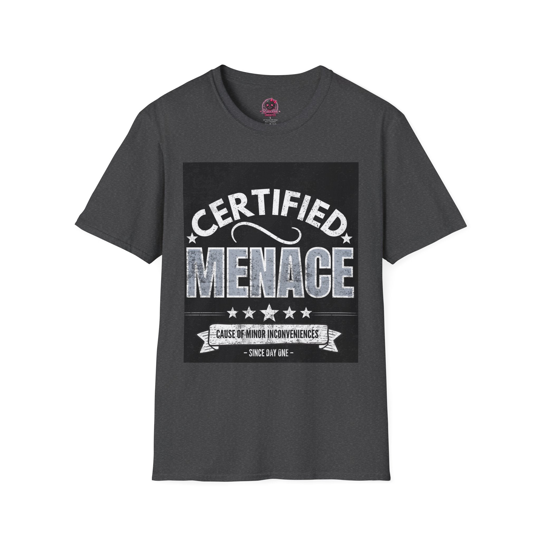 Certified Menace T-Shirt White Writing Black Background – Funny Retro Badge Graphic Tee