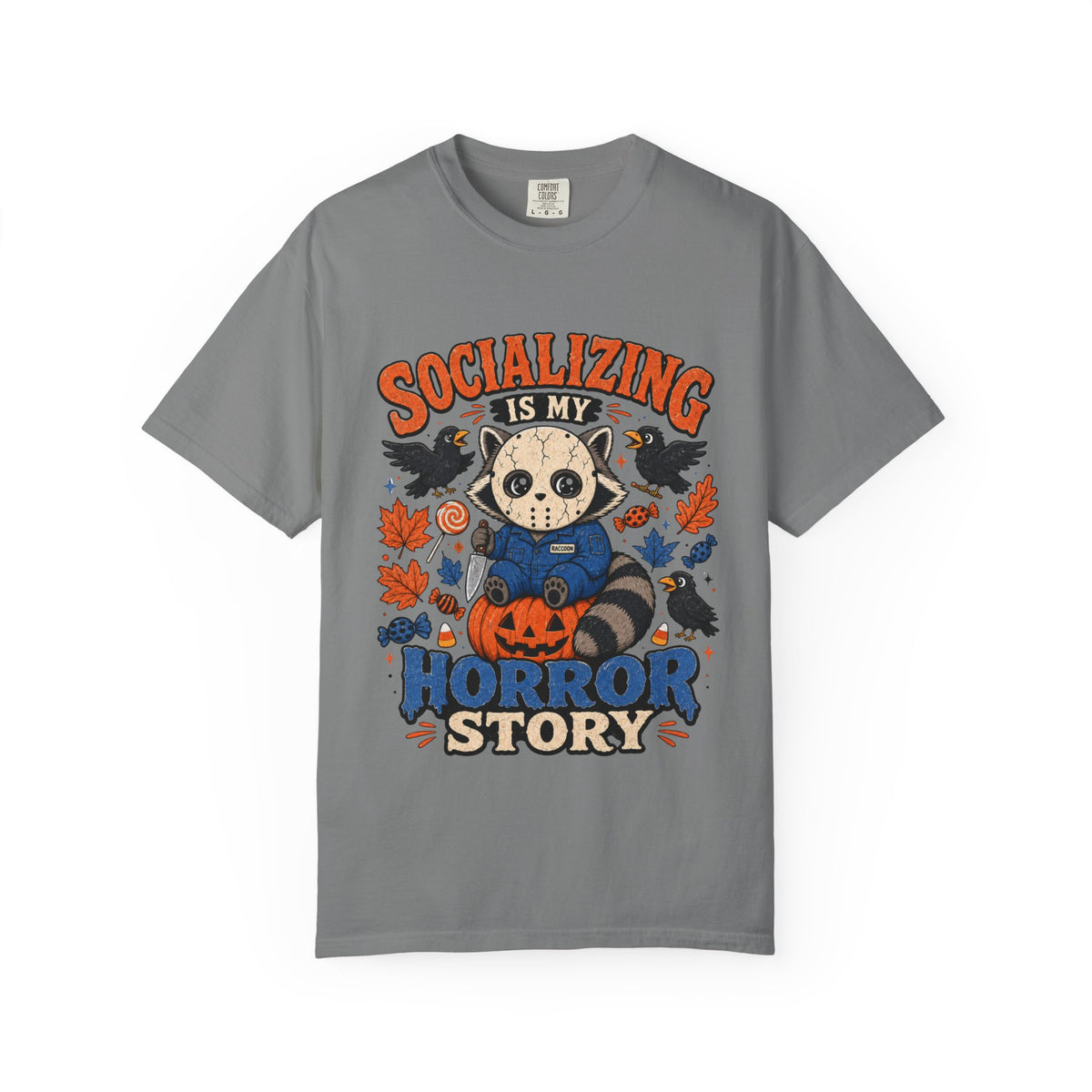 Halloween Tee "Socializing Is My Horror Story" Jason Raccoon