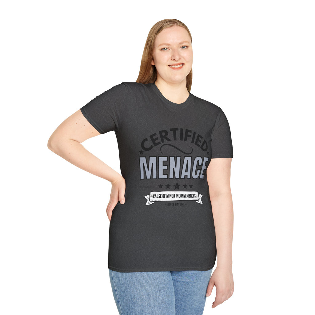 Certified Menace T-Shirt Black Writing — Funny Retro Badge Tee for Sarcastic Teens & Friends