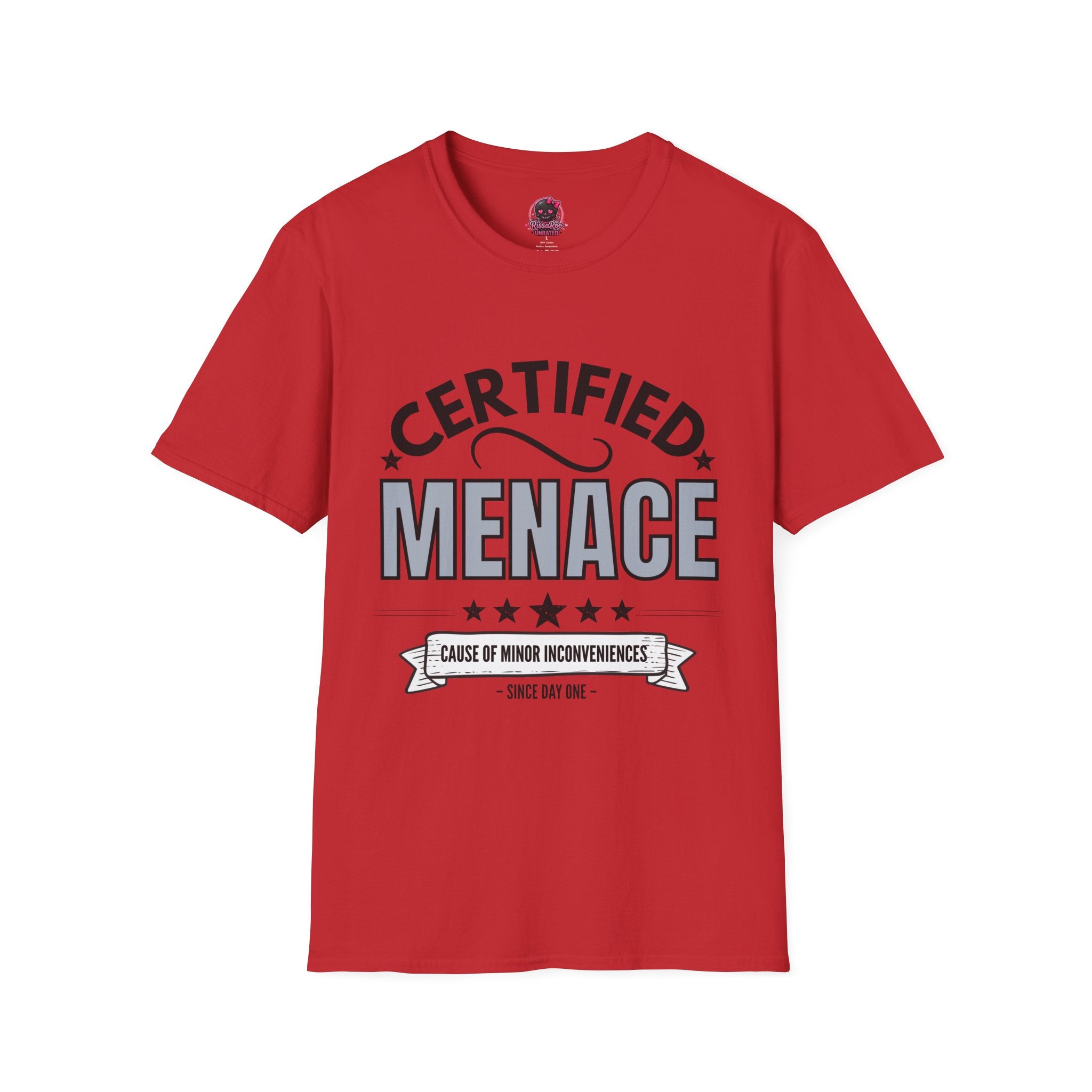 Certified Menace T-Shirt Black Writing — Funny Retro Badge Tee for Sarcastic Teens & Friends
