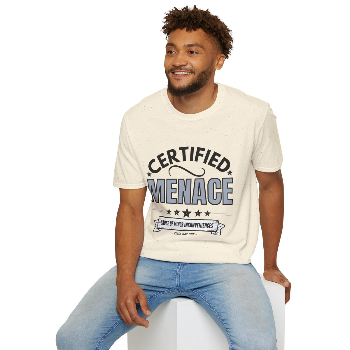 Certified Menace T-Shirt Black Writing — Funny Retro Badge Tee for Sarcastic Teens & Friends