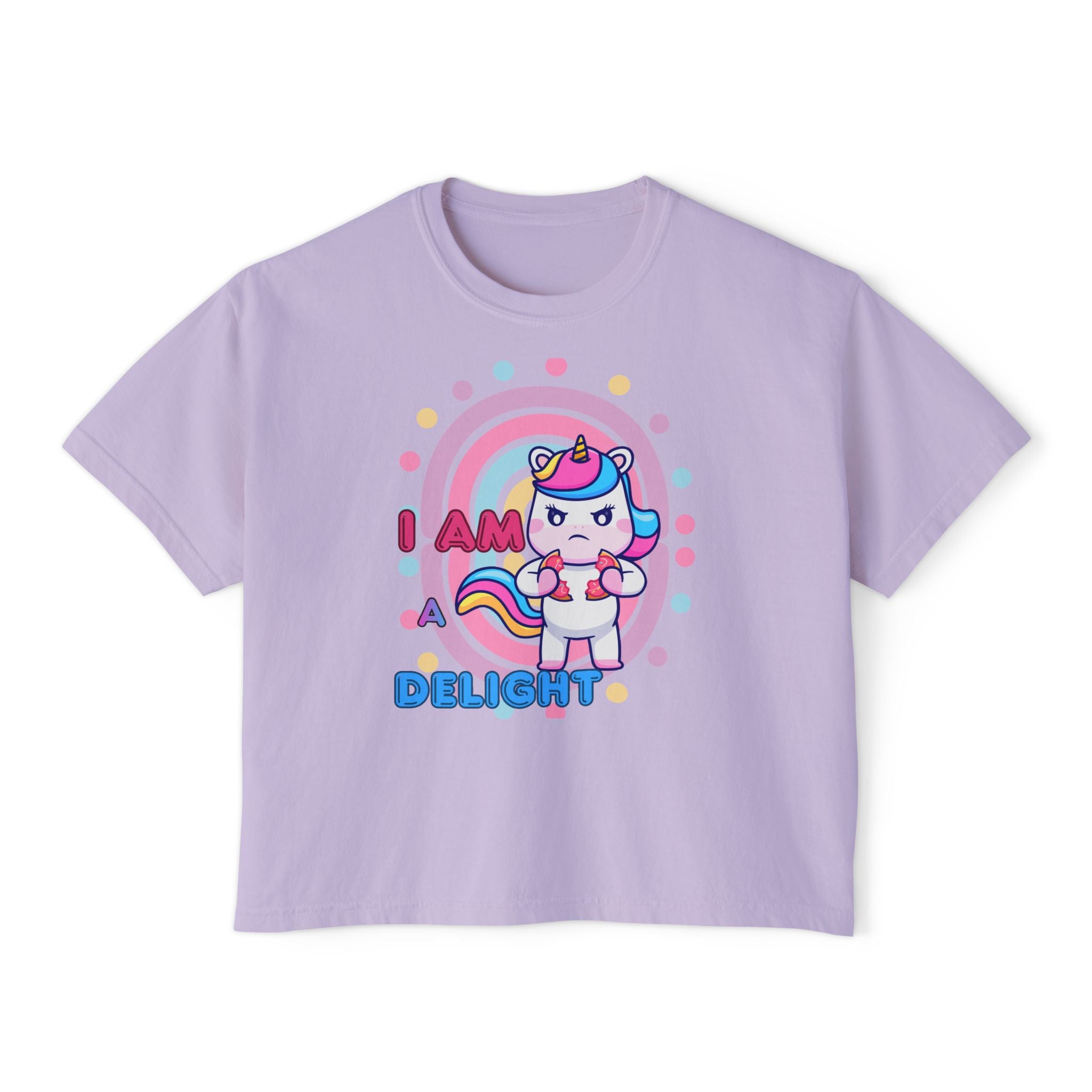 I Am Delight Unicorn Boxy Tee — Cute Rainbow Graphic Women’s Shirt