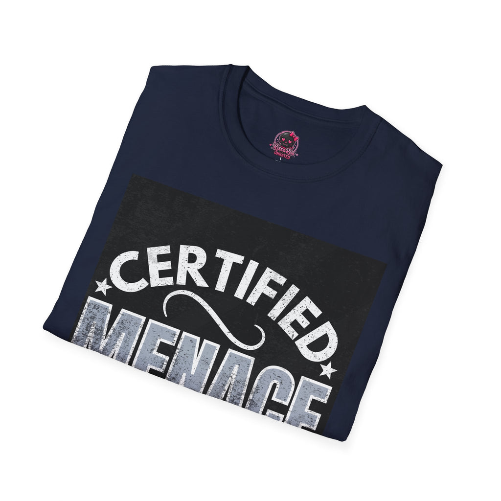 Certified Menace T-Shirt White Writing Black Background – Funny Retro Badge Graphic Tee