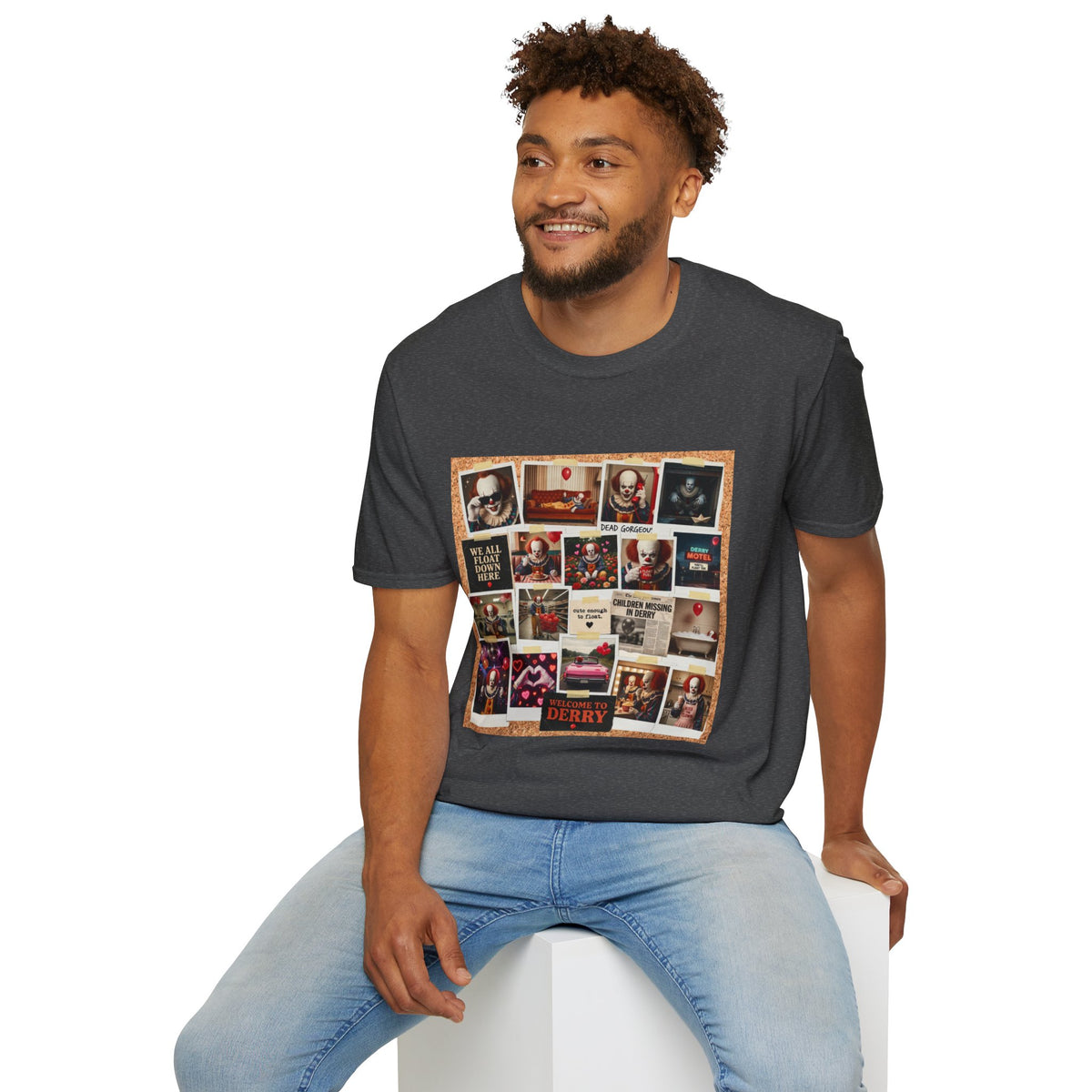 Horror Movie Clown Collage T‑Shirt — 'We All Float Down Here' Vintage Poster Tee
