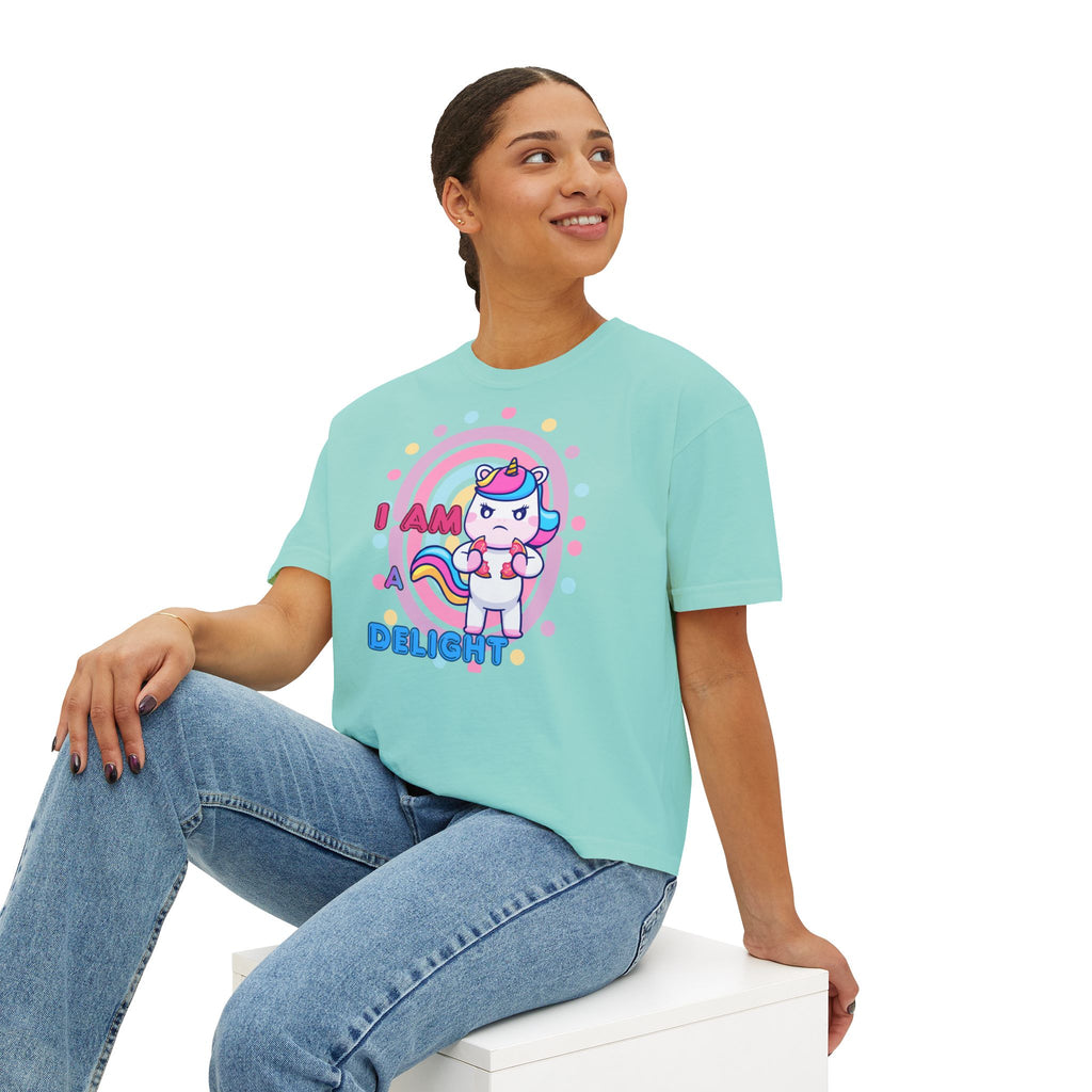 I Am Delight Unicorn Boxy Tee — Cute Rainbow Graphic Women’s Shirt