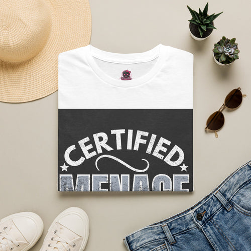 Certified Menace T-Shirt White Writing Black Background – Funny Retro Badge Graphic Tee