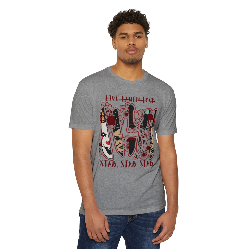 T‑Shirt — 'Live, Laugh, Love' Crossed Out with 'Stab, Stab, Stab' Graphic