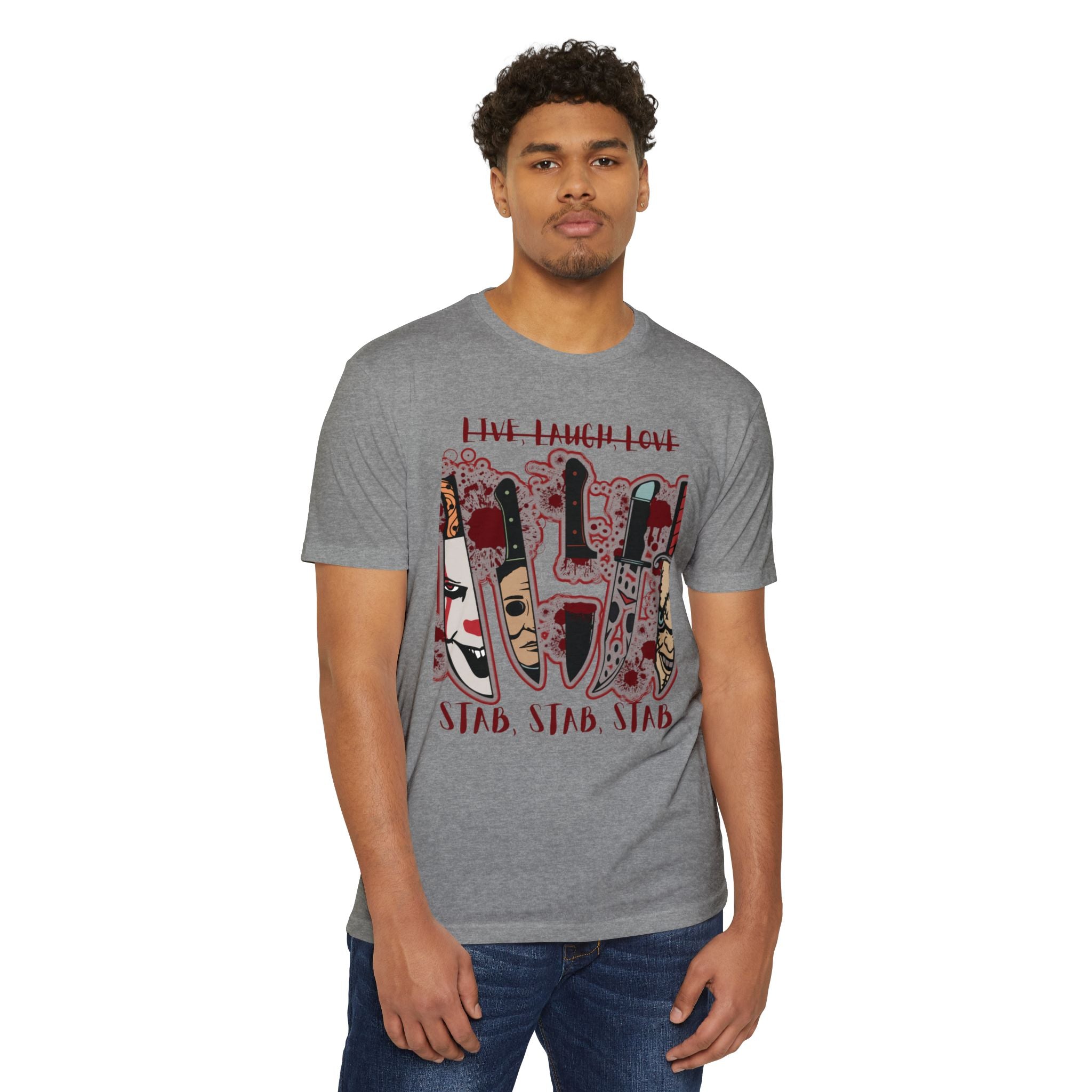 T‑Shirt — 'Live, Laugh, Love' Crossed Out with 'Stab, Stab, Stab' Graphic