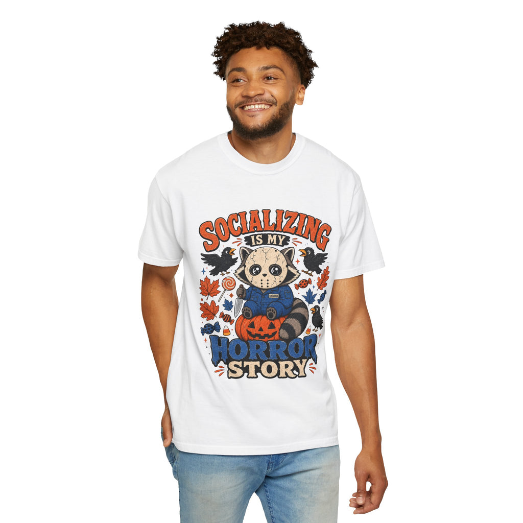 Halloween Tee "Socializing Is My Horror Story" Jason Raccoon