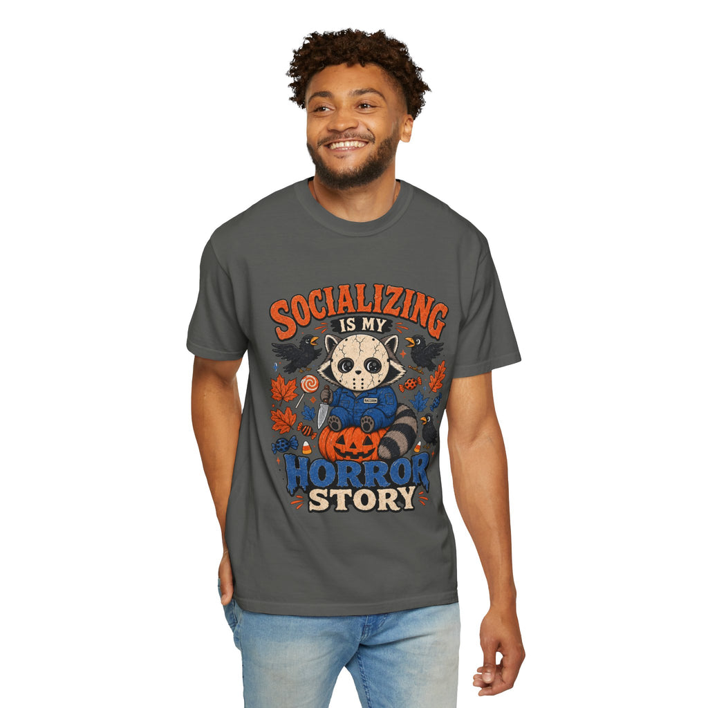 Halloween Tee "Socializing Is My Horror Story" Jason Raccoon