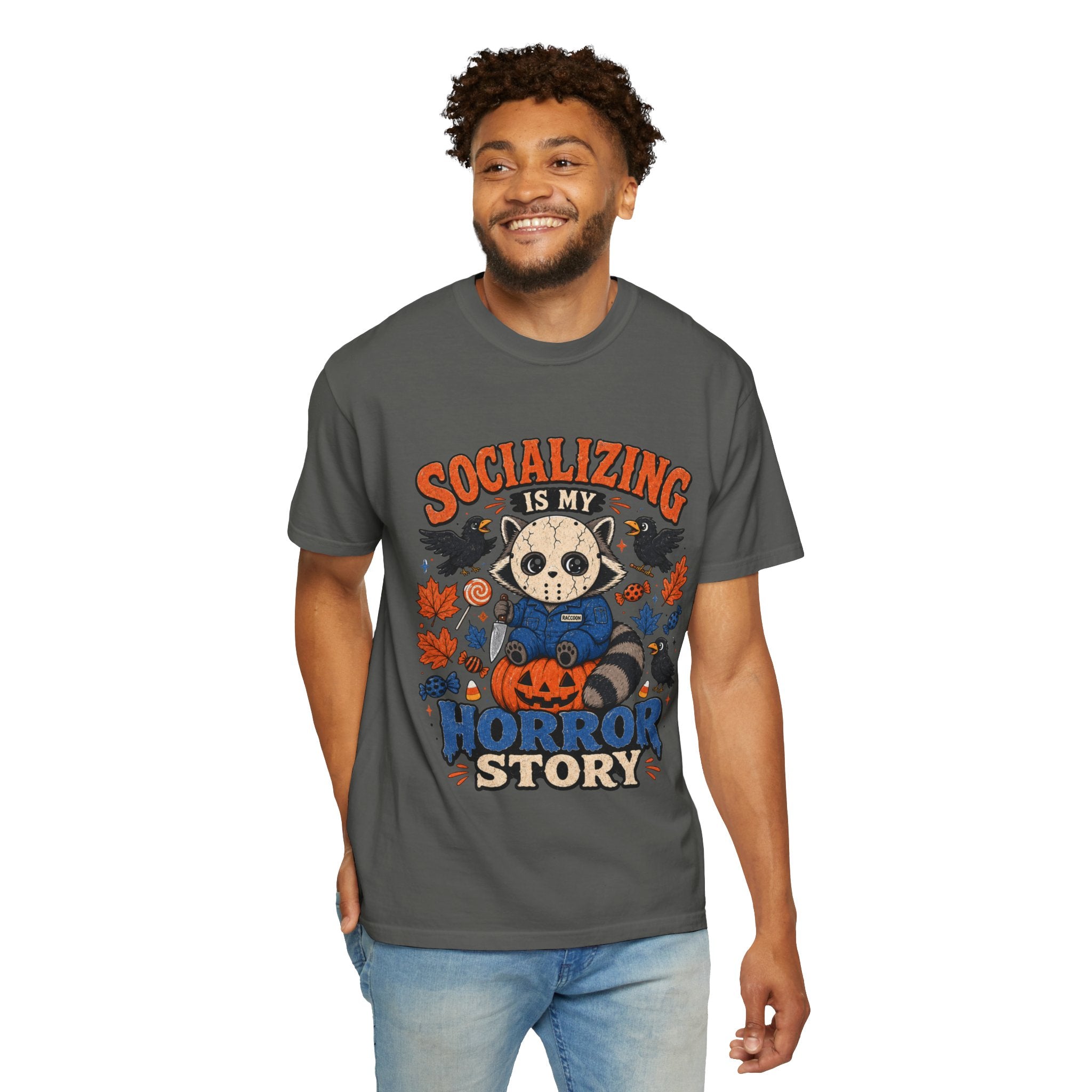 Halloween Tee "Socializing Is My Horror Story" Jason Raccoon
