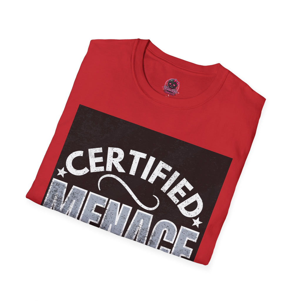 Certified Menace T-Shirt White Writing Black Background – Funny Retro Badge Graphic Tee
