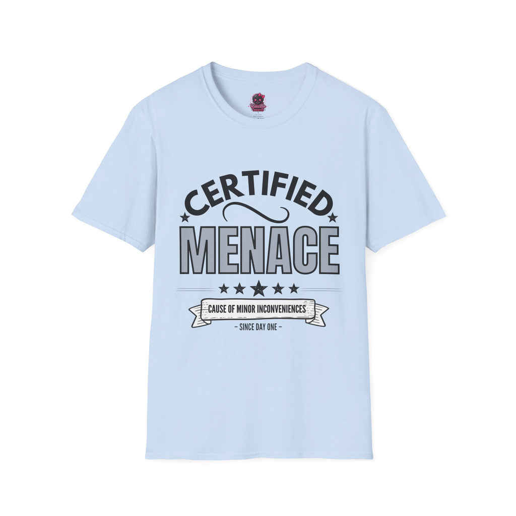 Certified Menace T-Shirt Black Writing — Funny Retro Badge Tee for Sarcastic Teens & Friends