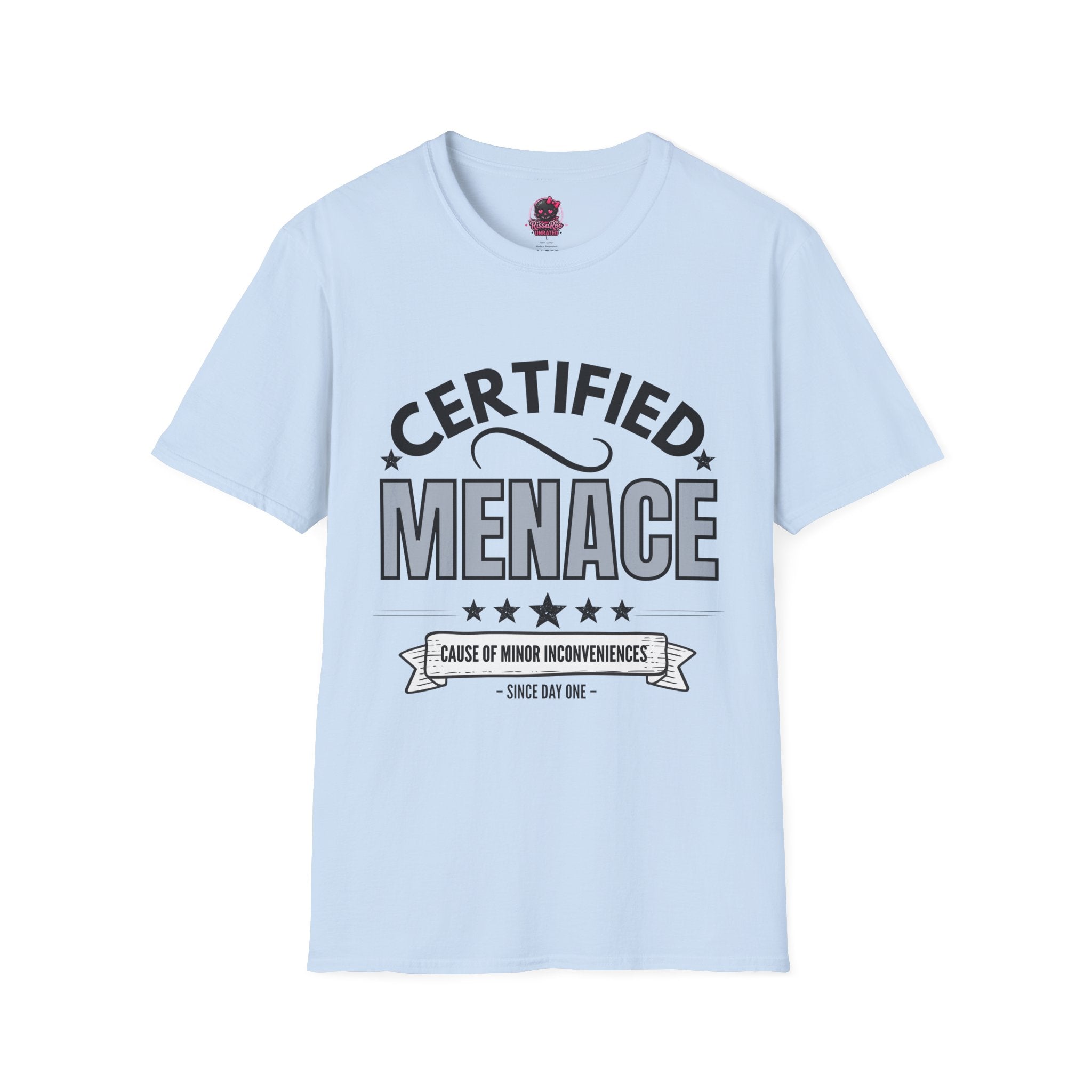 Certified Menace T-Shirt Black Writing — Funny Retro Badge Tee for Sarcastic Teens & Friends