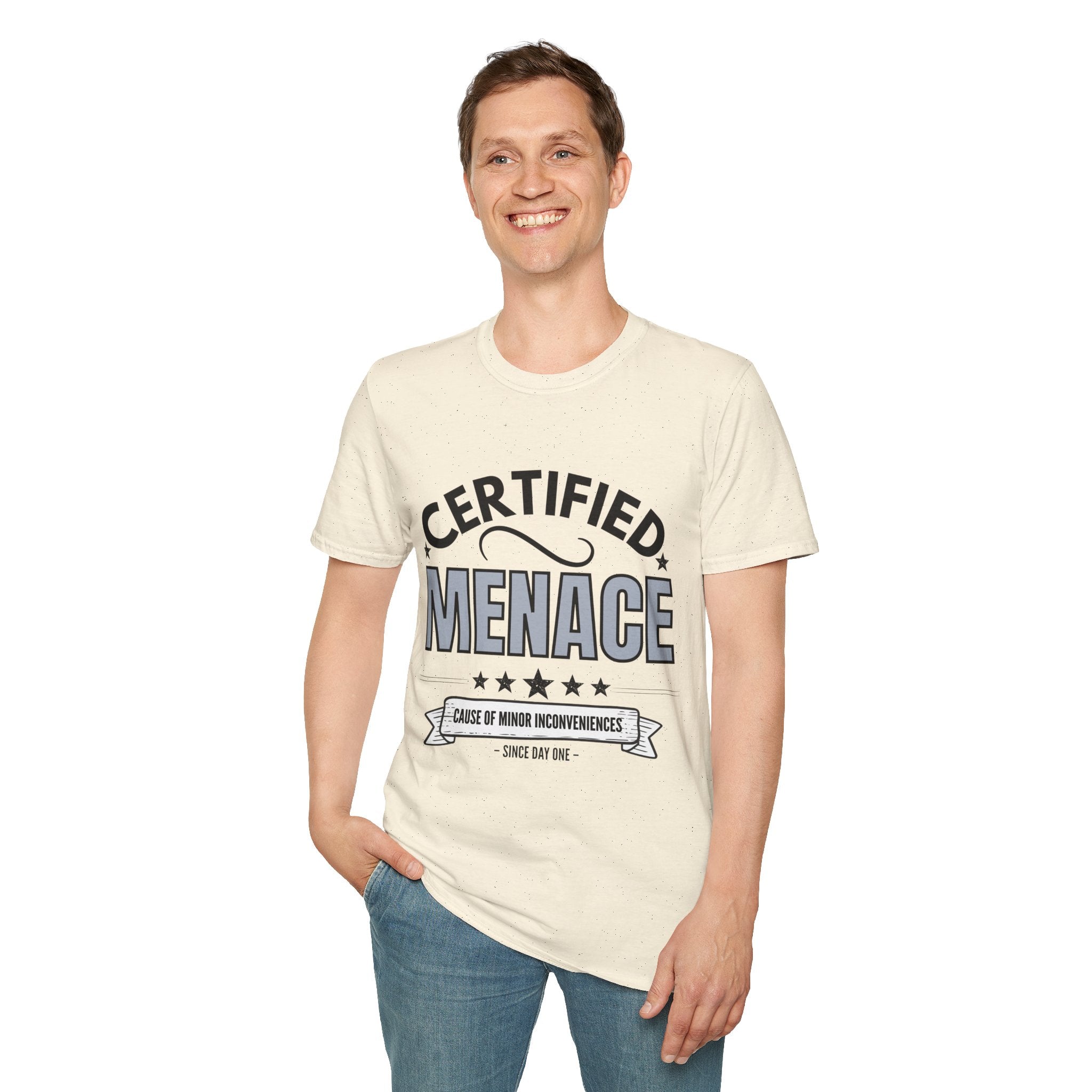 Certified Menace T-Shirt Black Writing — Funny Retro Badge Tee for Sarcastic Teens & Friends