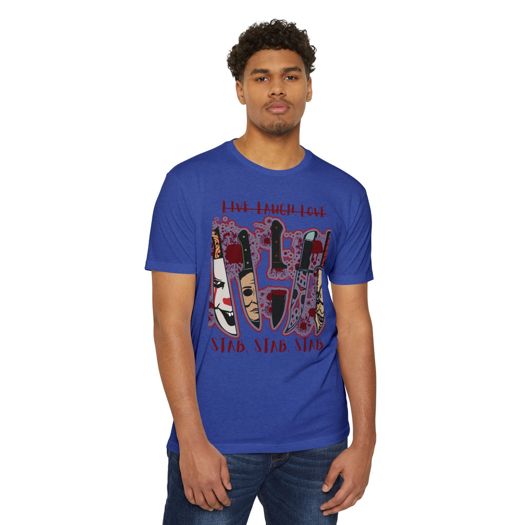 T‑Shirt — 'Live, Laugh, Love' Crossed Out with 'Stab, Stab, Stab' Graphic