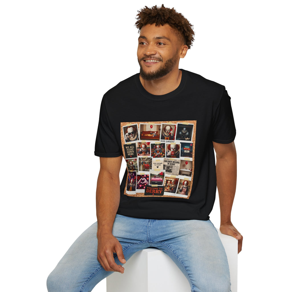 Horror Movie Clown Collage T‑Shirt — 'We All Float Down Here' Vintage Poster Tee