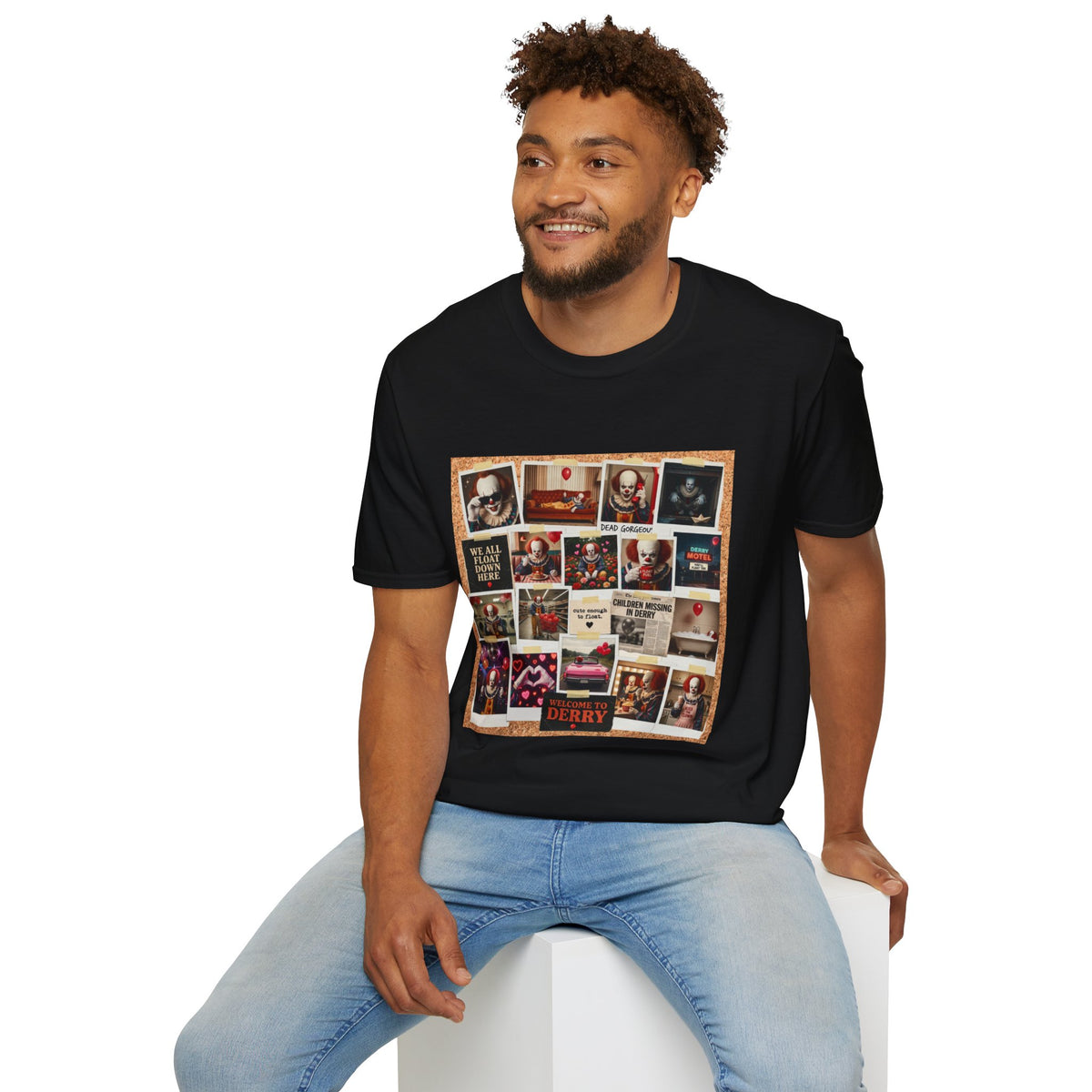 Horror Movie Clown Collage T‑Shirt — 'We All Float Down Here' Vintage Poster Tee