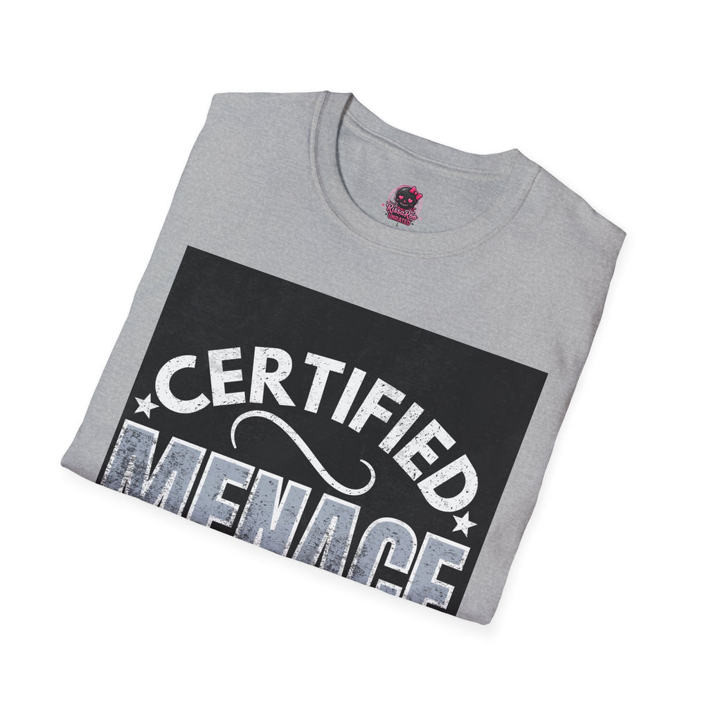 Certified Menace T-Shirt White Writing Black Background – Funny Retro Badge Graphic Tee