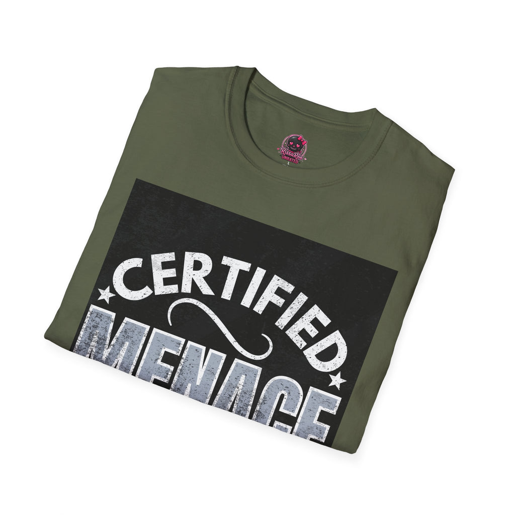 Certified Menace T-Shirt White Writing Black Background – Funny Retro Badge Graphic Tee
