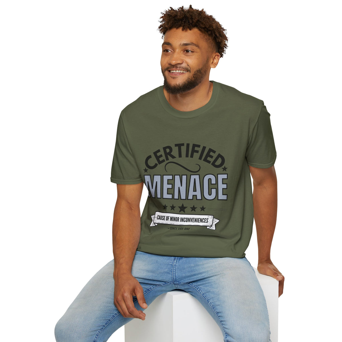 Certified Menace T-Shirt Black Writing — Funny Retro Badge Tee for Sarcastic Teens & Friends