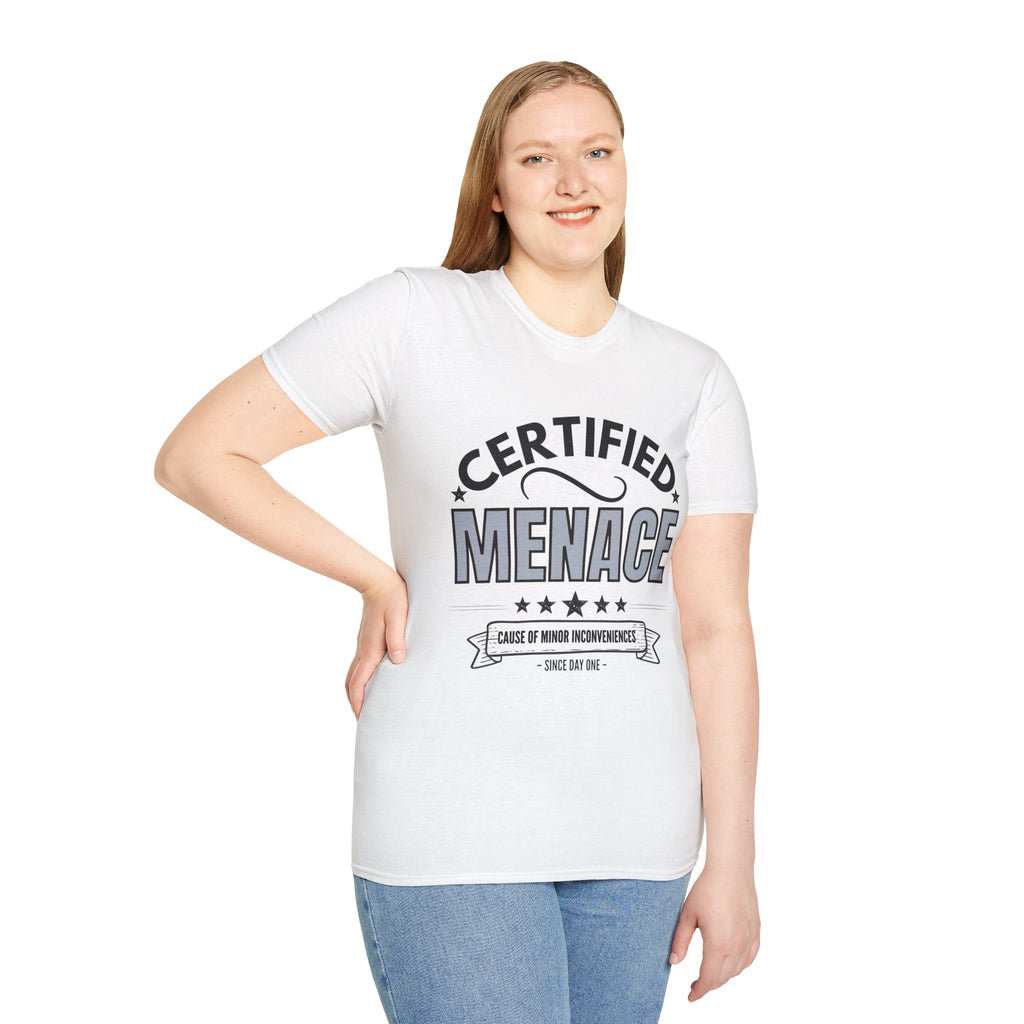 Certified Menace T-Shirt Black Writing — Funny Retro Badge Tee for Sarcastic Teens & Friends
