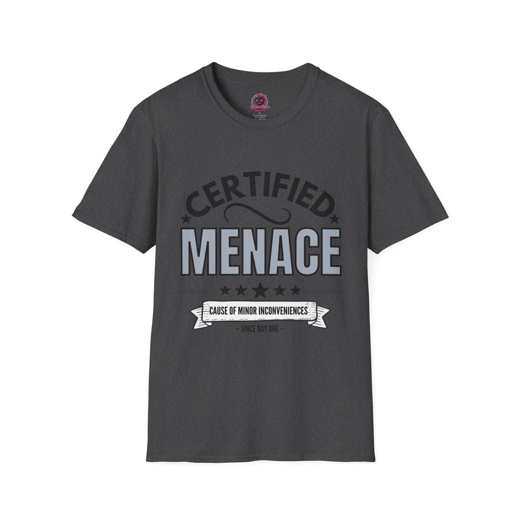 Certified Menace T-Shirt Black Writing — Funny Retro Badge Tee for Sarcastic Teens & Friends
