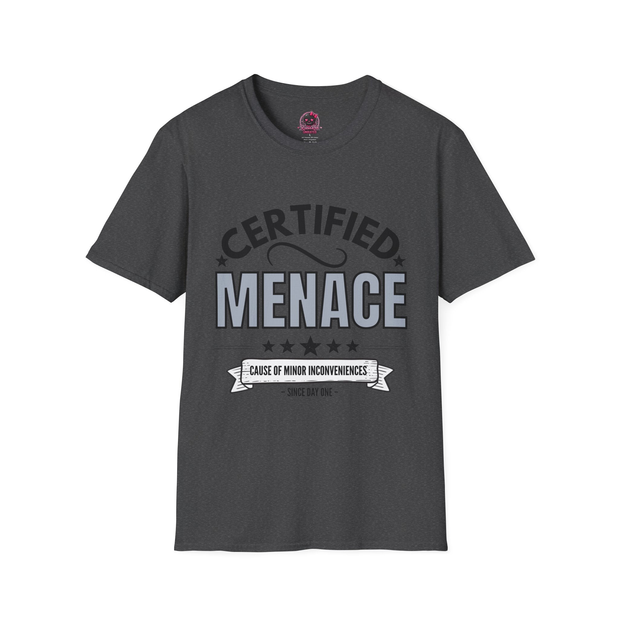 Certified Menace T-Shirt Black Writing — Funny Retro Badge Tee for Sarcastic Teens & Friends