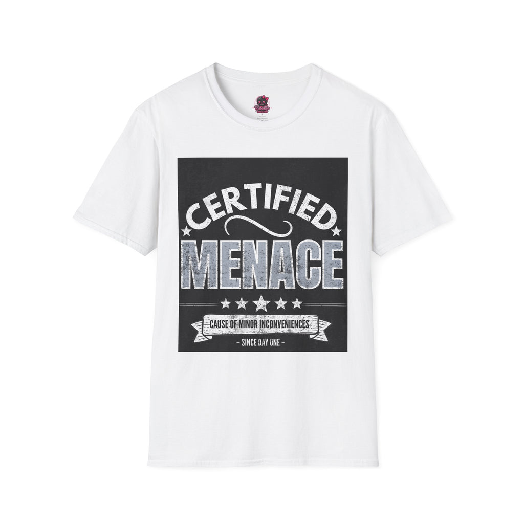 Certified Menace T-Shirt White Writing Black Background – Funny Retro Badge Graphic Tee