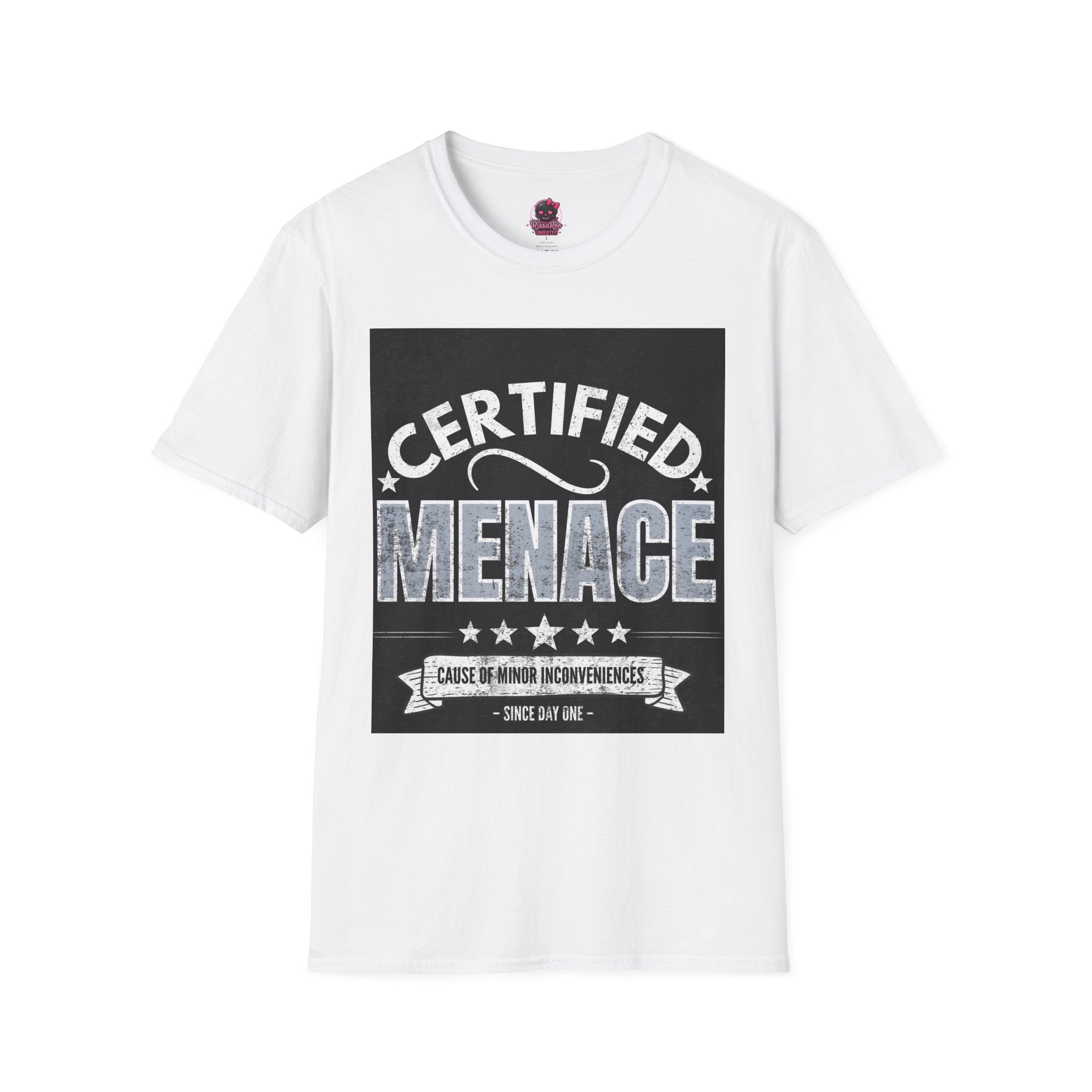 Certified Menace T-Shirt White Writing Black Background – Funny Retro Badge Graphic Tee